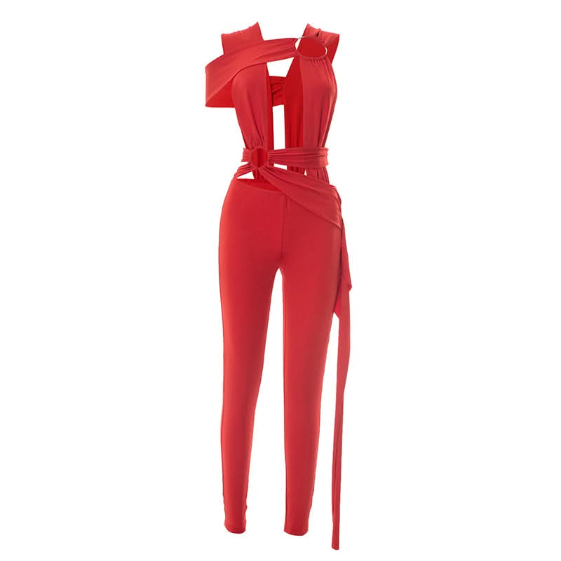 Irregular o ring hollow out ruched jumpsuit