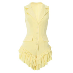 Turnover collar ruffle button solid romper