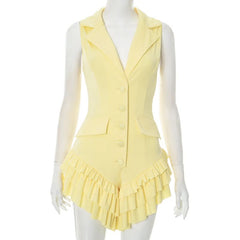Turnover collar ruffle button solid romper