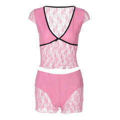 Bowknot v neck lace cap sleeve low rise pant set
