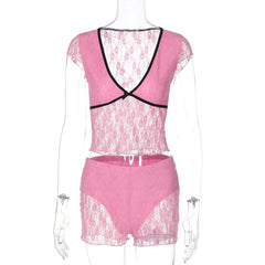 Bowknot v neck lace cap sleeve low rise pant set