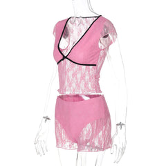 Bowknot v neck lace cap sleeve low rise pant set