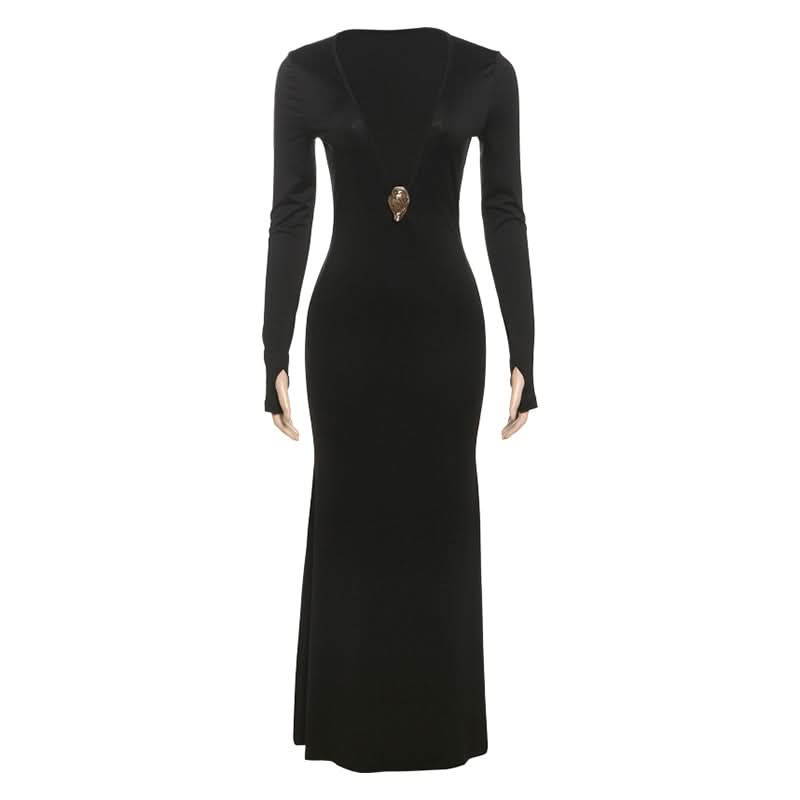 Long sleeve deep v neck maxi dress