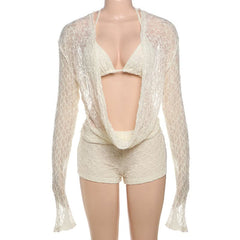 Long flared sleeve halter self tie 3 piece short pant set