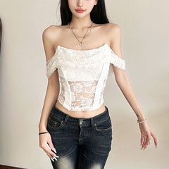 Off shoulder lace backless top