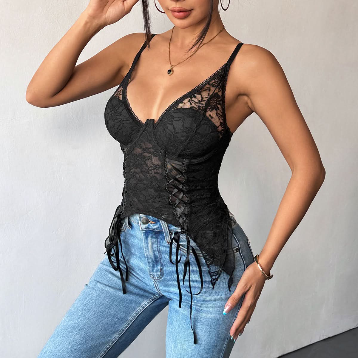 V neck lace up lace adjustable cami top