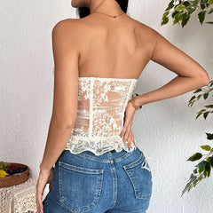 Flower applique lace up bustier ruffle top