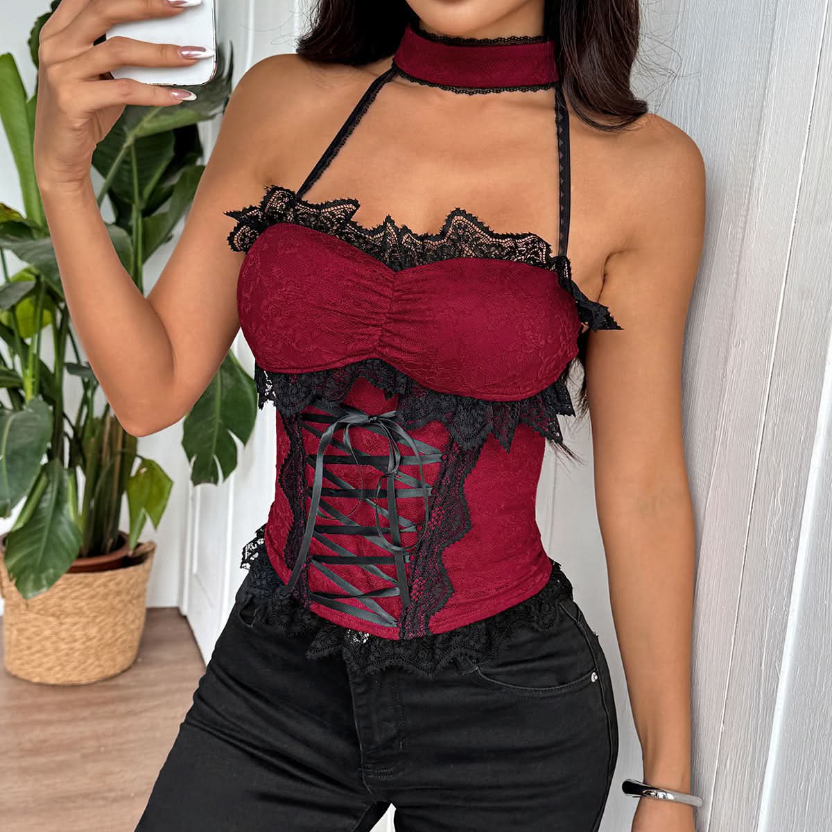 Halter lace hem self tie top