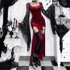 Long flared sleeve lace square neck slit midi dress