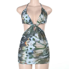 Print hollow out halter v neck self tie cut out mini dress