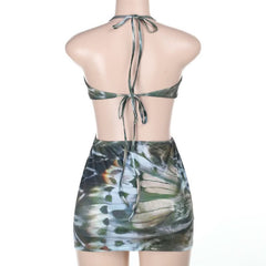 Print hollow out halter v neck self tie cut out mini dress