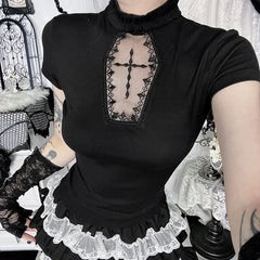 Short sleeve high neck ruffle solid top