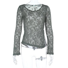 Long sleeve round neck slit lace irregular top