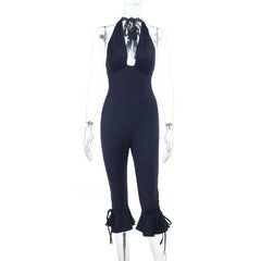 Halter self tie ruffle v neck ruched jumpsuit