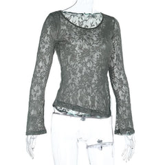 Long sleeve round neck slit lace irregular top