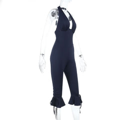 Halter self tie ruffle v neck ruched jumpsuit