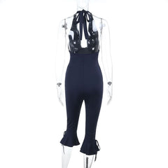 Halter self tie ruffle v neck ruched jumpsuit