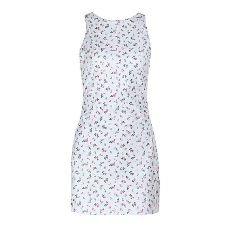 Crewneck flower print backless self tie mini dress