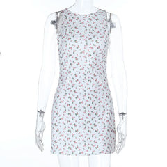 Crewneck flower print backless self tie mini dress