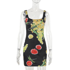Square neck print backless tank mini dress