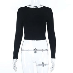 Long sleeve crewneck self tie backless top