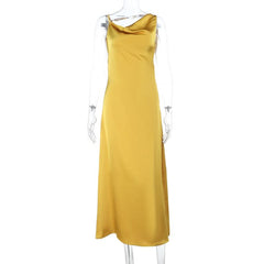 Cowl neck satin zip-up irregular maxi dress