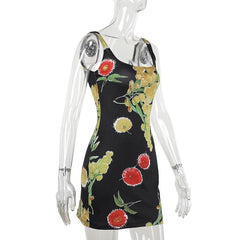 Square neck print backless tank mini dress
