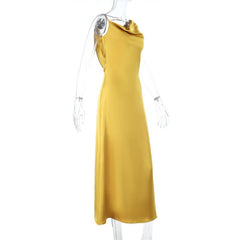 Cowl neck satin zip-up irregular maxi dress