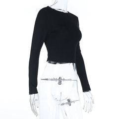 Long sleeve crewneck self tie backless top