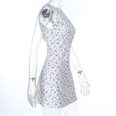 Crewneck flower print backless self tie mini dress