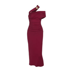 Ruched one shoulder irregular slit midi dress