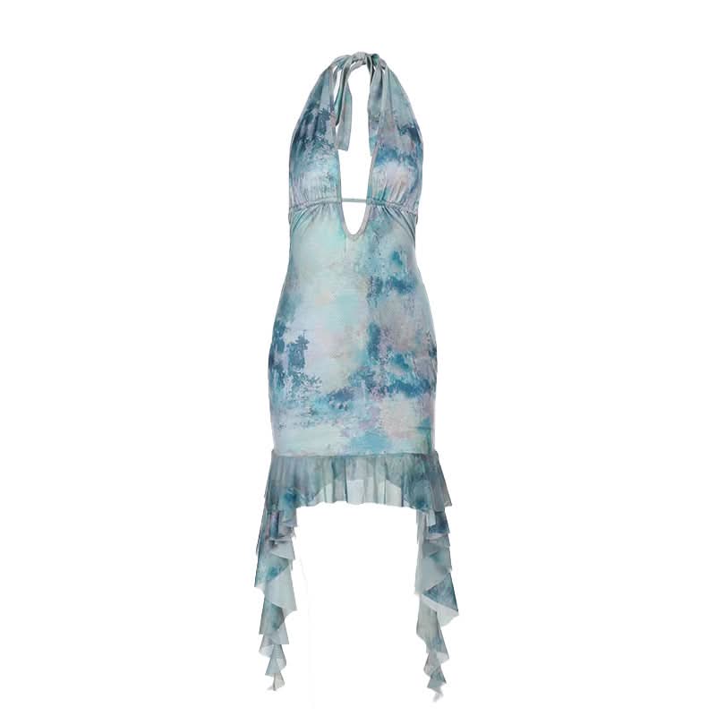 Print halter ruffle v neck self tie mini dress