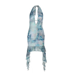 Print halter ruffle v neck self tie mini dress