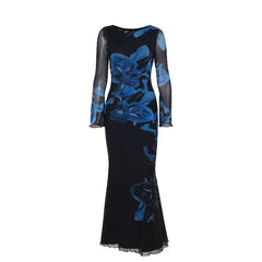 Long sleeve flower print mesh ruffle maxi dress