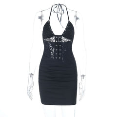Halter self tie ruched lace v neck mini dress