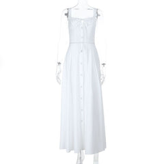 Hollow out button zip-up self tie cami cut out maxi dress