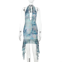 Print halter ruffle v neck self tie mini dress