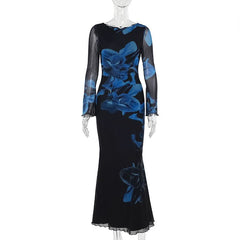 Long sleeve flower print mesh ruffle maxi dress