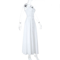 Hollow out button zip-up self tie cami cut out maxi dress