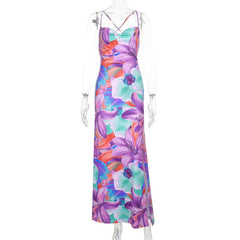 Cross back flower print cowl neck slit maxi dress