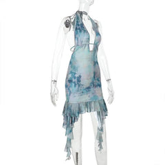 Print halter ruffle v neck self tie mini dress