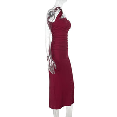 Ruched one shoulder irregular slit midi dress