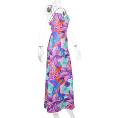 Cross back flower print cowl neck slit maxi dress