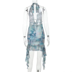 Print halter ruffle v neck self tie mini dress