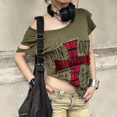 Short sleeve hollow out irregular letter print cut out top