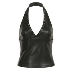 Halter zip-up PU leather v neck top