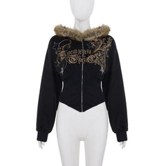 Long sleeve hoodie fluffy zip-up beaded print top