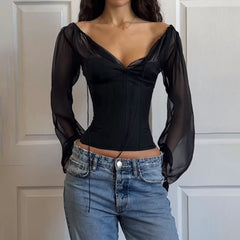 Long sleeve v neck low cut mesh solid top