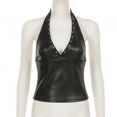 Halter zip-up PU leather v neck top