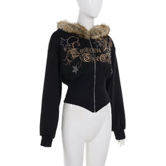 Long sleeve hoodie fluffy zip-up beaded print top